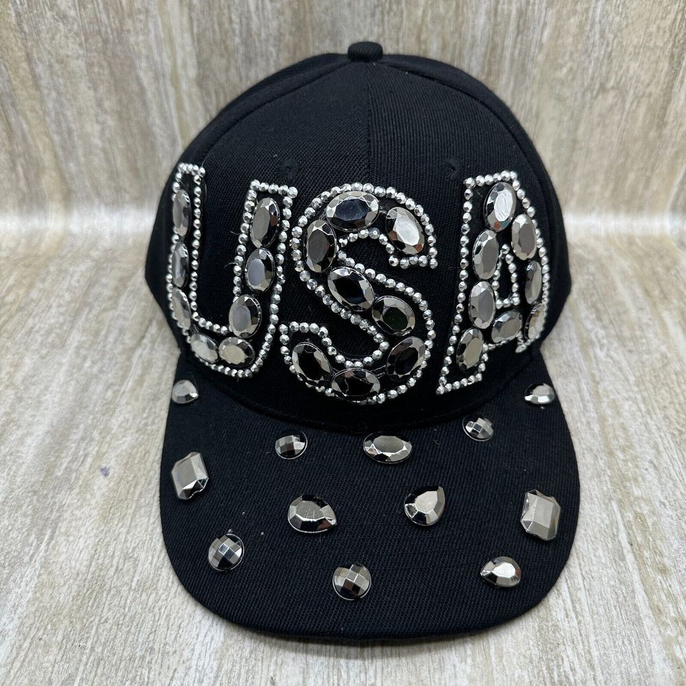 "USA"‎ Bling Rhinestones Blue Jean Baseball Cap Curved Visor Hat Black